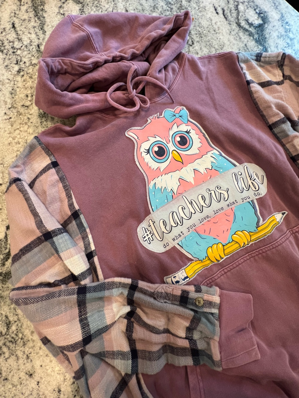 Upcycled 🦉Mauve Owl Graphic Hoodie with Plaid Sleeves - Teacher Life